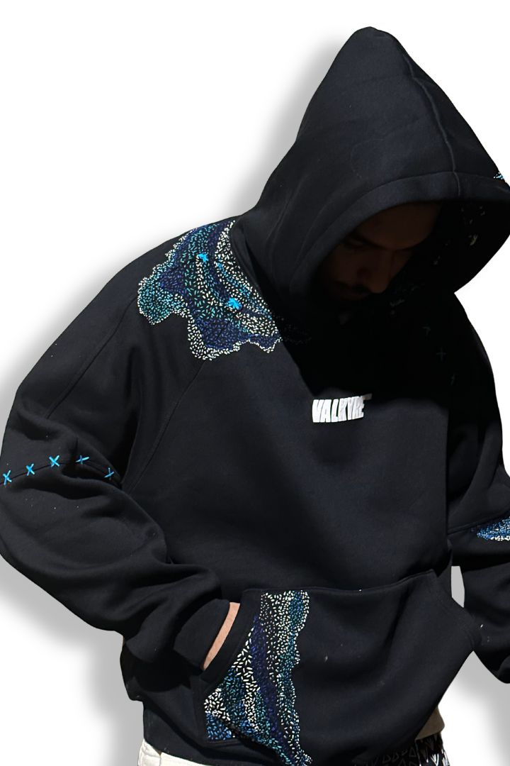 ‘BLUE WATERS’ HAND EMBROIDERED VALKYRE HOODIE