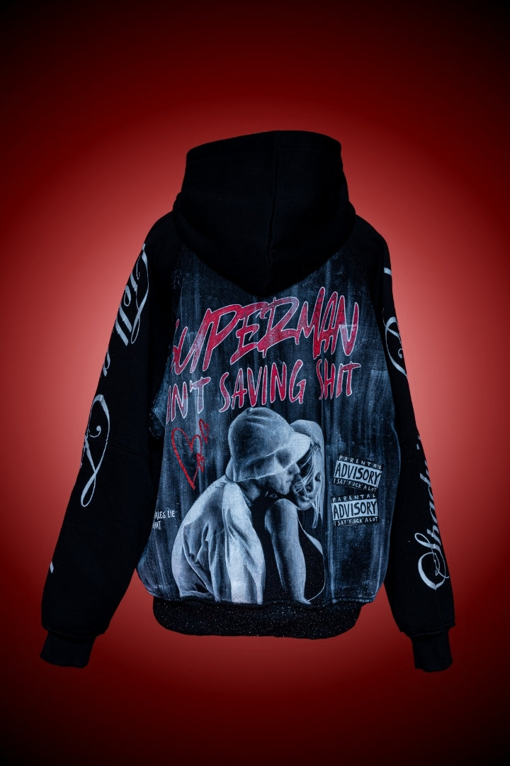 ‘SUPERMAN AIN'T SAVING NONE’ VALKYRE HAND PAINTED HOODIE