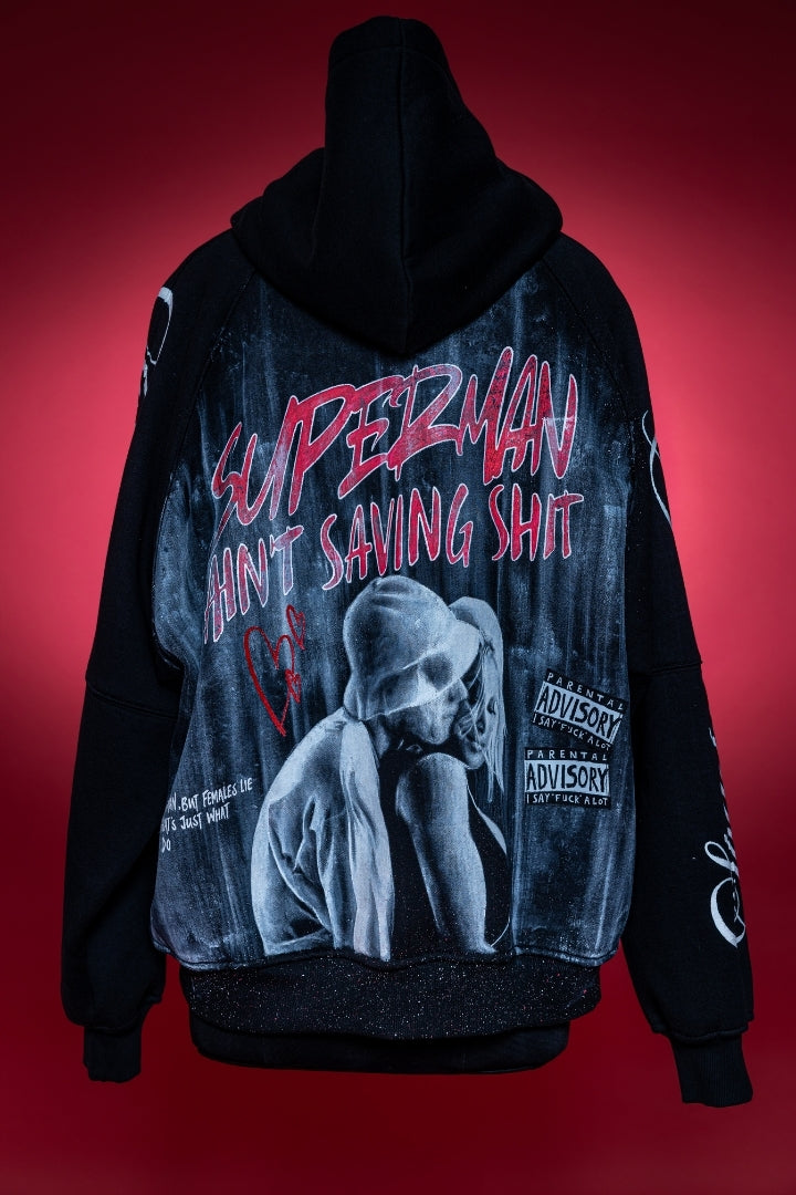 ‘SUPERMAN AIN'T SAVING NONE’ VALKYRE HAND PAINTED HOODIE