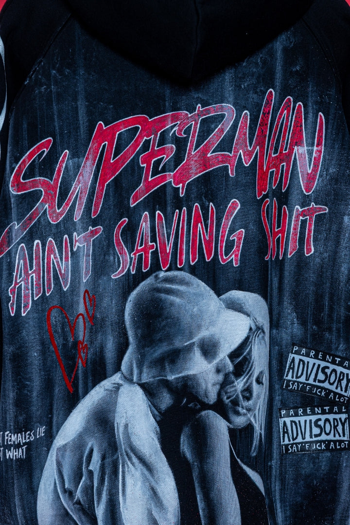 ‘SUPERMAN AIN'T SAVING NONE’ VALKYRE HAND PAINTED HOODIE