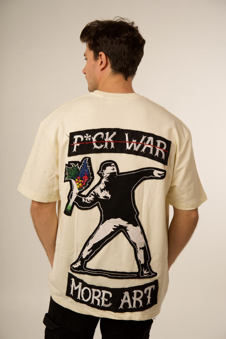 BANKSY 'F*CK WAR, MORE ART' OFF WHITE VALKYRE TSHIRT