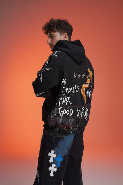 ‘BAD CHOICES MAKE GOOD STORIES’ VALKYRE HAND PAINTED HOODIE