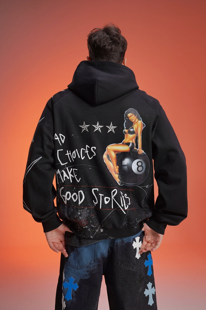 ‘BAD CHOICES MAKE GOOD STORIES’ VALKYRE HAND PAINTED HOODIE