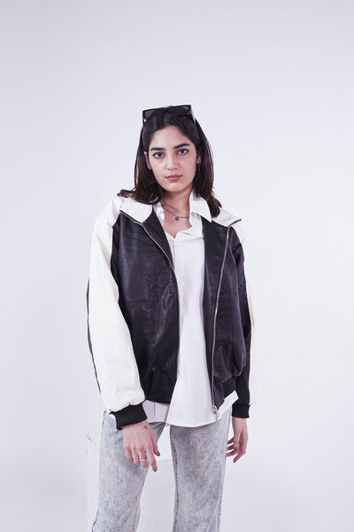 BLACK/WHITE UNIVERSITY ZIPPER JACKET