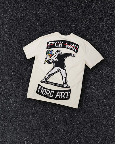 BANKSY 'F*CK WAR, MORE ART' OFF WHITE VALKYRE TSHIRT