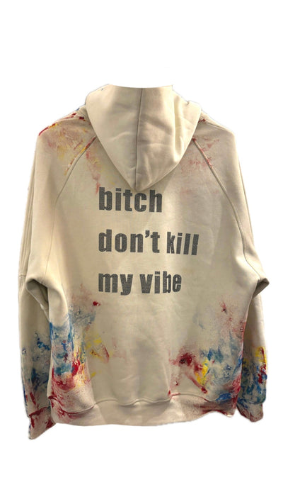 'BITCH DON'T KILL MY VIBE' RHINESTONE VALKYRE CREAM HOODIE