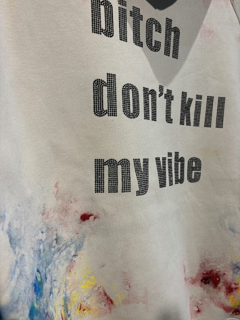 'BITCH DON'T KILL MY VIBE' RHINESTONE VALKYRE CREAM HOODIE