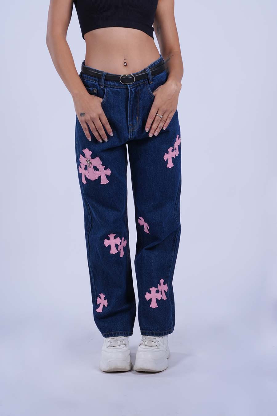 PINK LEATHER CROSS VALKYRE JEANS