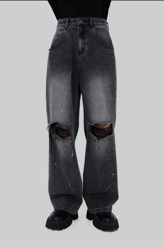 UNISEX - RIPPED CHARCOAL BAGGY VALKYRE JEANS